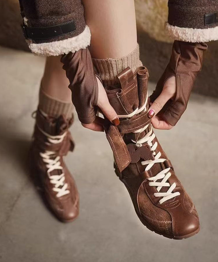 Brown Suede Splicing Lace Up Boots