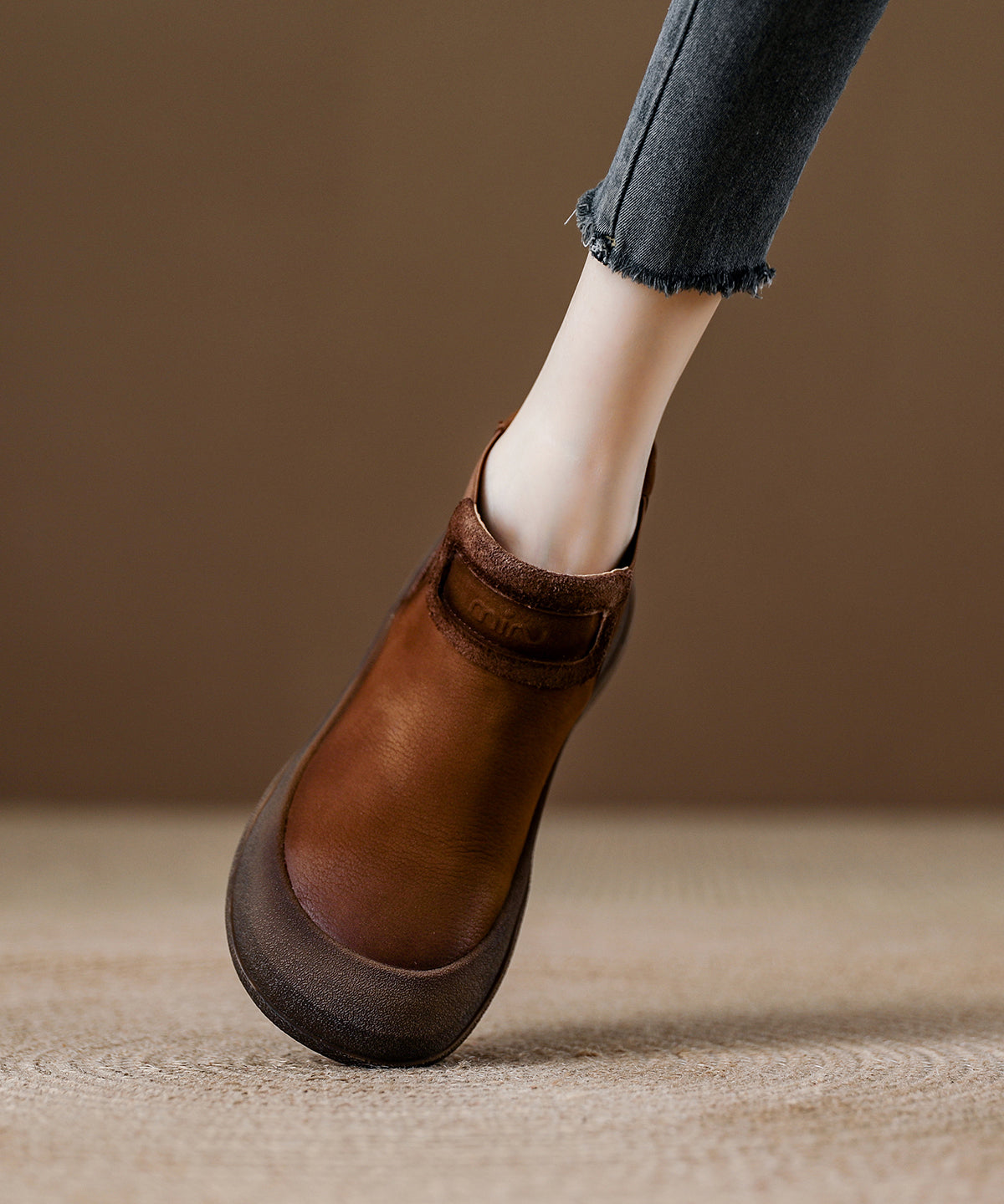 Casual Comfy Brown Cowhide Leather Splicing Ankle Boots