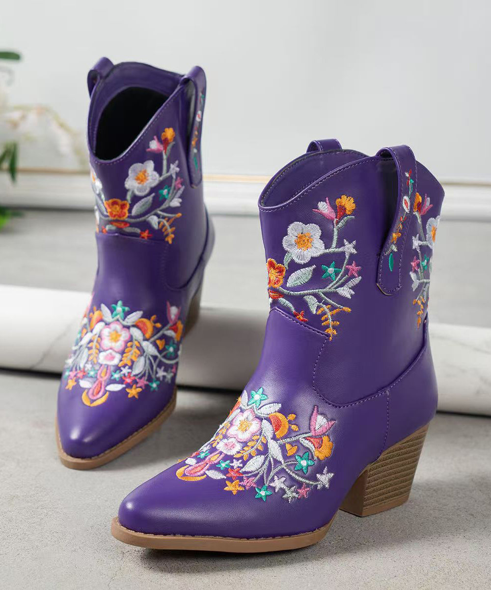 Purple Embossed Solid Faux Leather Chunky Boots