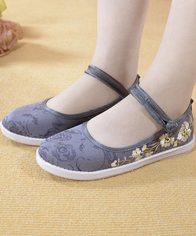 Beige Embroideried Cotton Fabric Flat Shoes Buckle Strap Flat Shoes