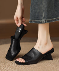 Black Chunky Sheepskin Beautiful Slide Sandals Peep Toe