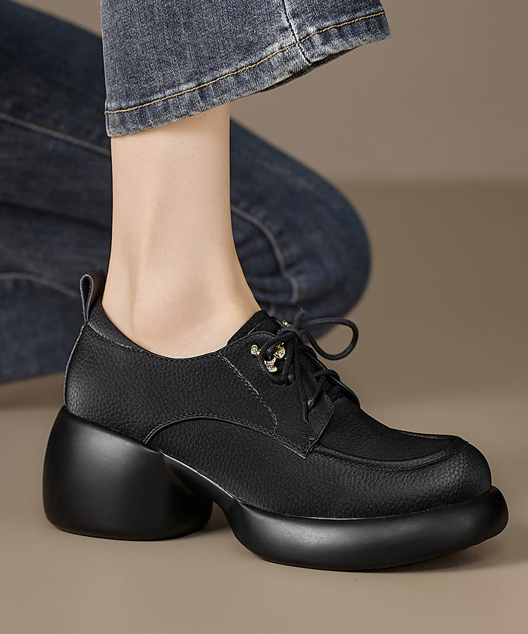 Beige Cowhide Leather Splicing Chunky Loafer Shoes Lace Up