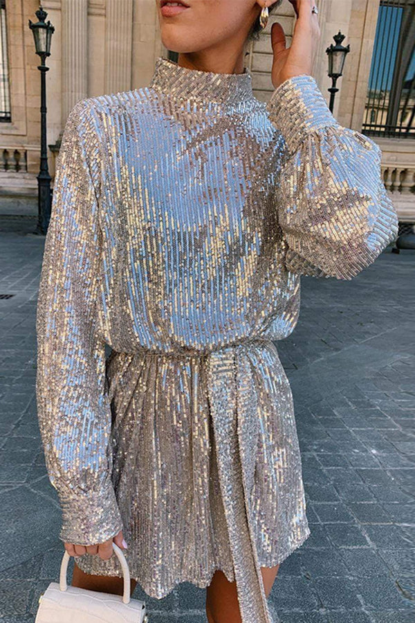 Sequined Long-sleeved Belted Casual Mini Dress