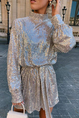 Sequined Long-sleeved Belted Casual Mini Dress