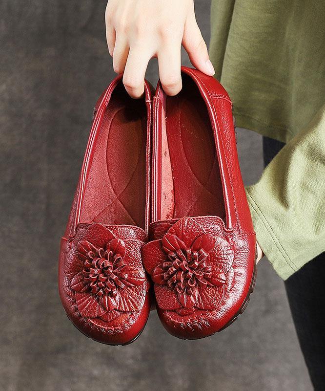 Red Floral Cowhide Leather Flat Shoes For  Flat
