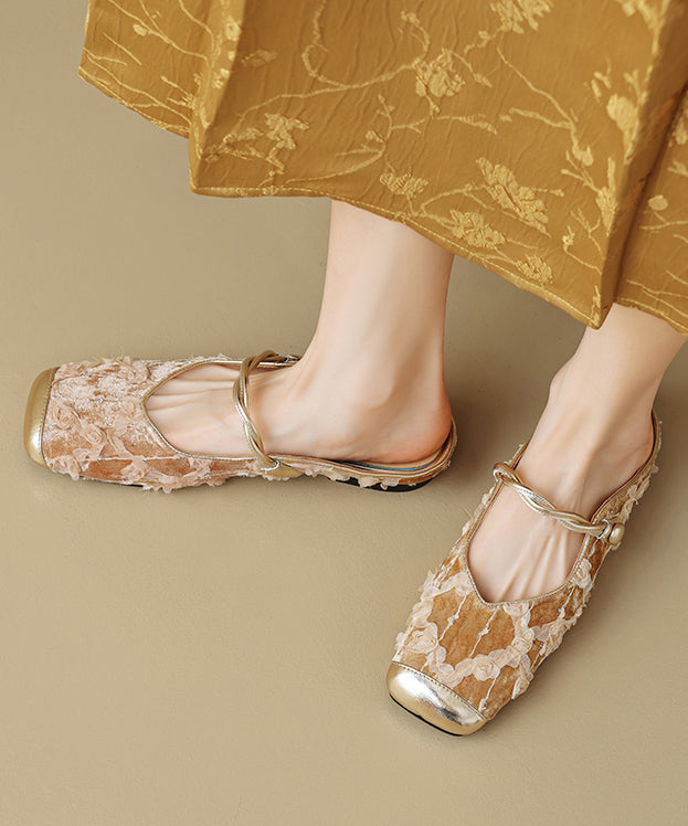 Apricot Ruffled Print Cowhide Leather Slide Sandals