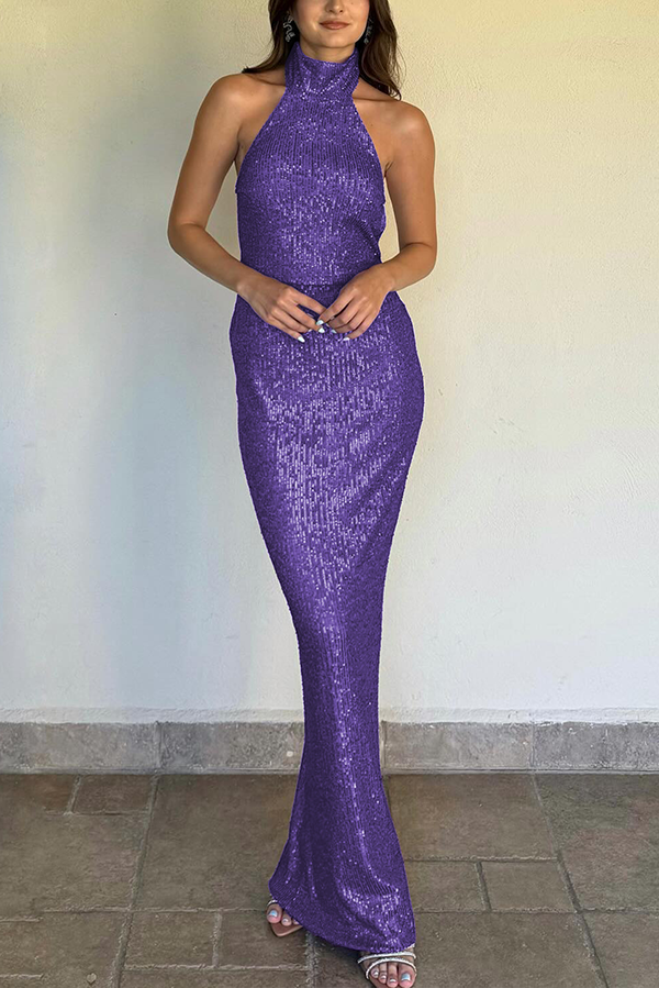 Sleeveless Backless Sequined Fitted Maxi Dress