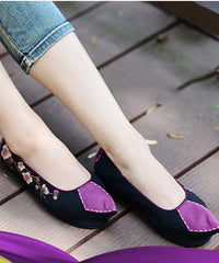 Pointed Toe Flat Shoes For Black Cotton Fabric Embroideried Splicing Flats