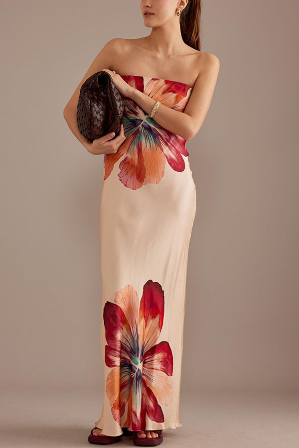 Charming strapless waist cinching satin printed lace up loose long dress
