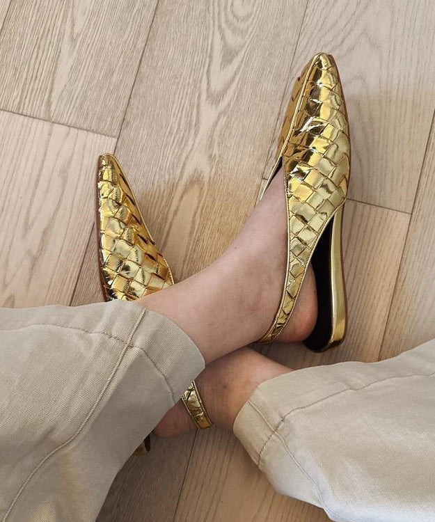 Chic Gold Cowhide Leather Walking Sandals Square Toe