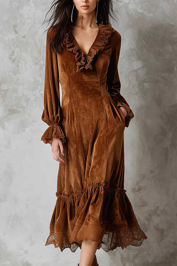 Velvet Lace Patchwork V-neck Ruffle Midi Dress