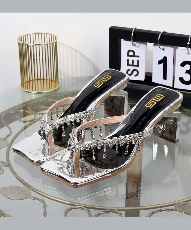 Black Zircon Tassel Chunky Heel Thong Sandals