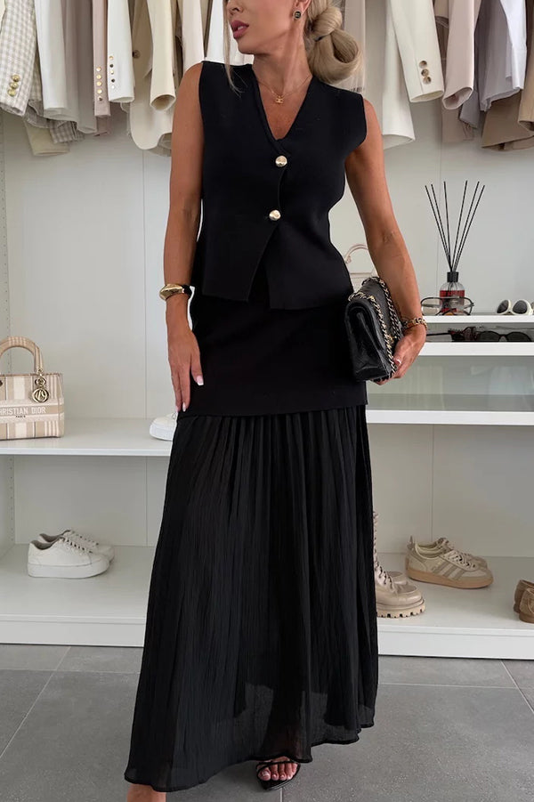 Elegant Knit Spliced Tulle Elastic Waist Pleated Maxi Skirt