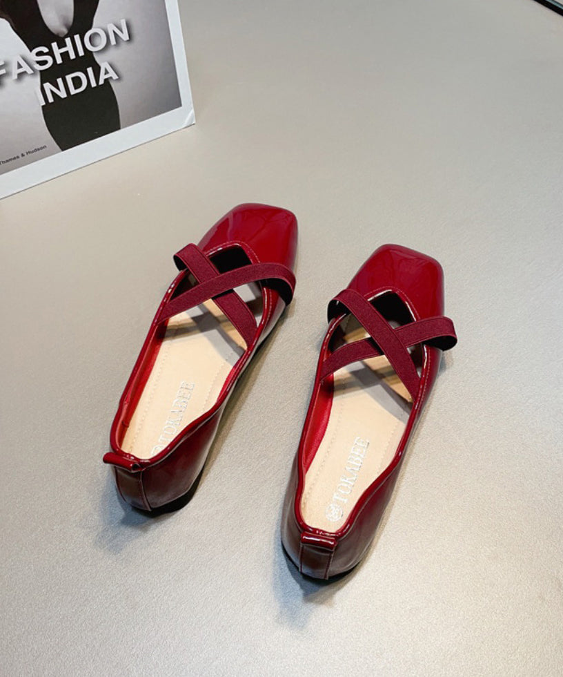 Wine Red Faux Leather Flat Shoes For Splicing Cross Strap