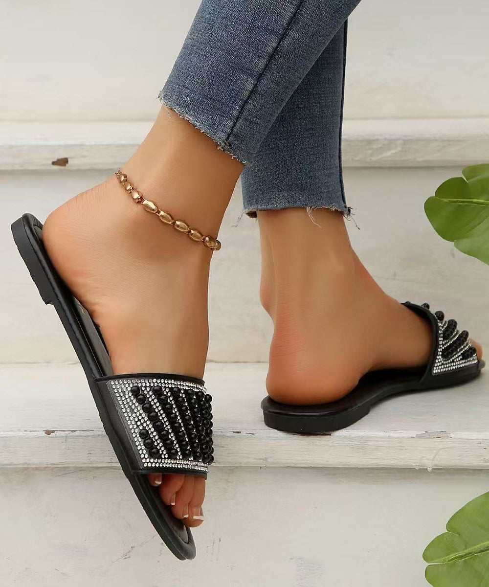 Beautiful Zircon Splicing Black Faux Leather Slide Sandals