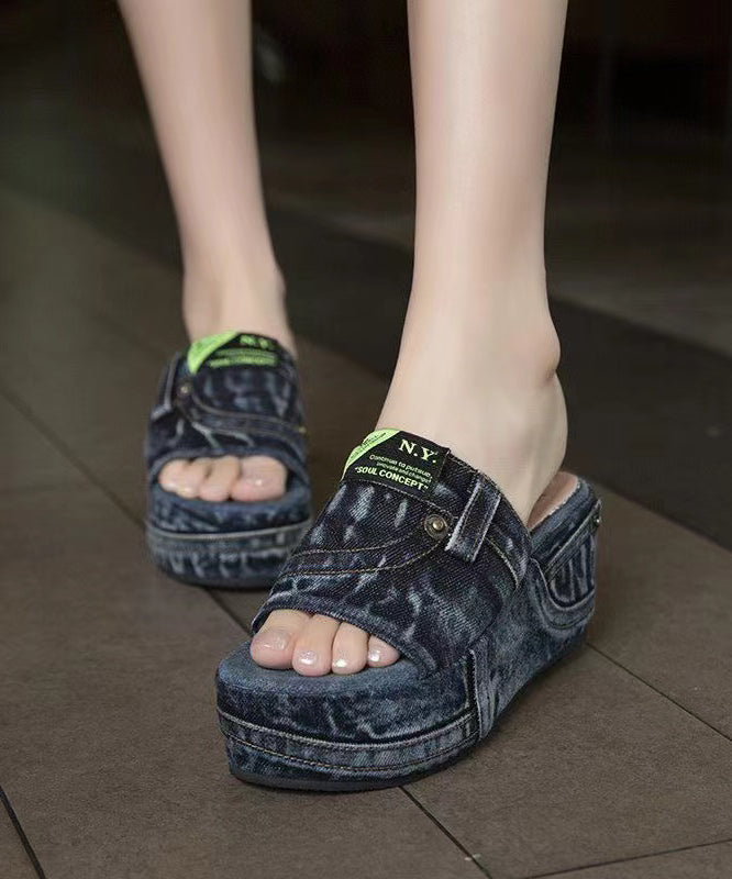 Blue Denim Wedge Slide Sandals Peep Toe