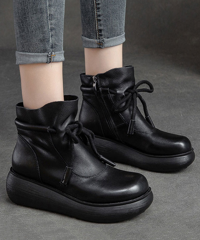 Lace Up Zippered Splicing Platform Boots Black Cowhide Leather
