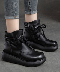 Lace Up Zippered Splicing Platform Boots Black Cowhide Leather