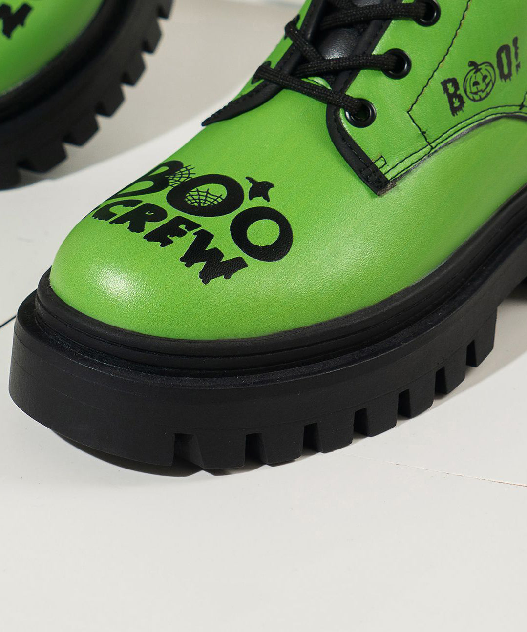 Green Lace Up Ankle Boots Chunky Faux Leather Splicing