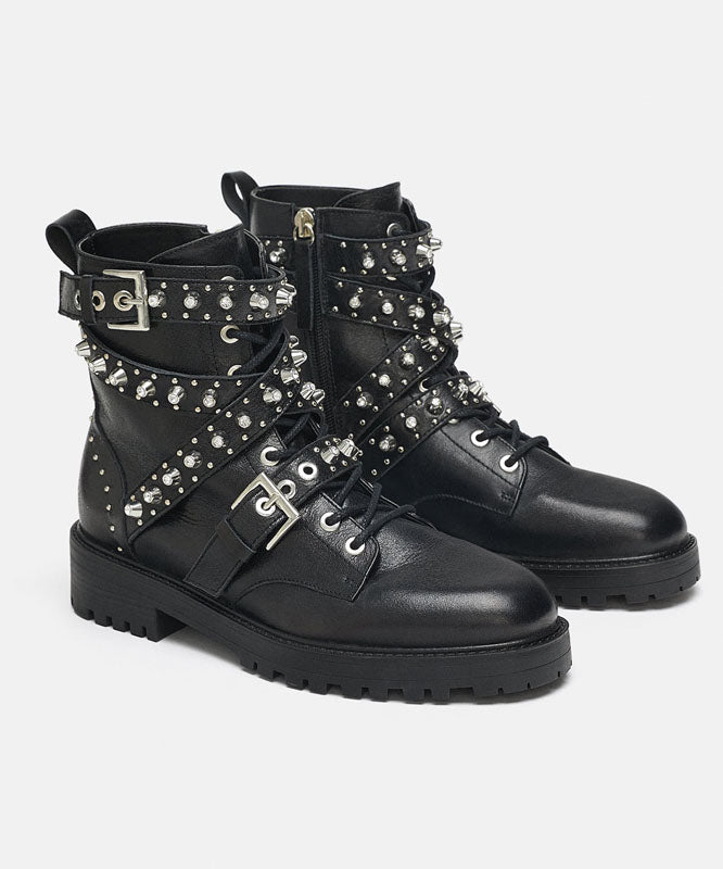 Black Cowhide Leather Splicing Lace Up Rivet Boots