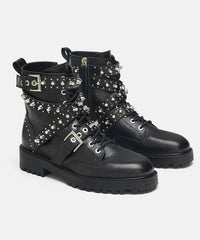 Black Cowhide Leather Splicing Lace Up Rivet Boots