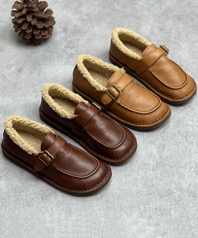 Coffee Flat Shoes For Cowhide Leather Casual Fuzzy Wool Lined Flat Shoes For Women