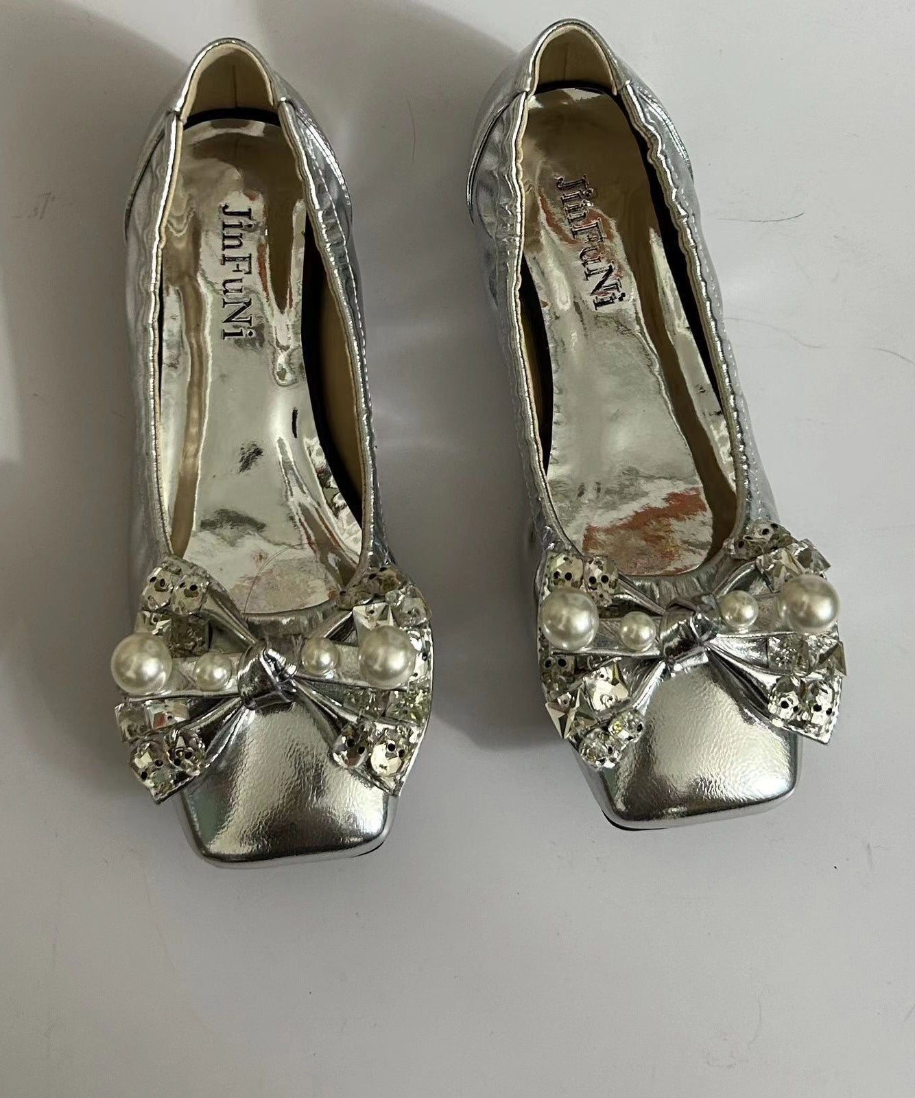 Soft Bow Zircon Splicing Flat Shoes For Green Faux Leather