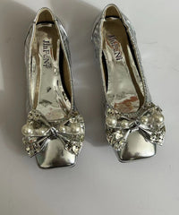 Soft Bow Zircon Splicing Flat Shoes For Green Faux Leather