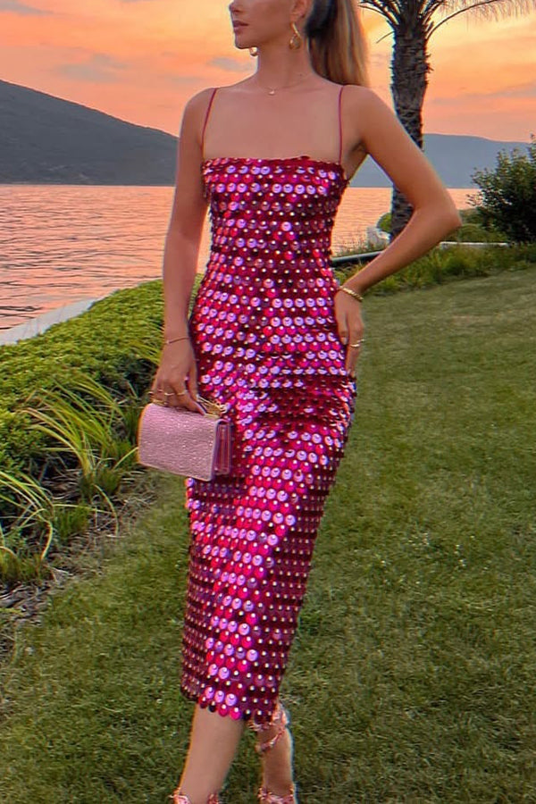 Sequined Halter-neck Backless Slim Fit Slit Midi Dress