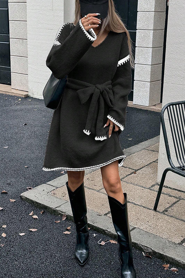 Loose-fitting Long-sleeved Tie-waist Knit Mini Dress