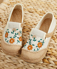 Beige Embroideried Linen Fabric Flats