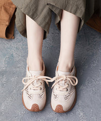 Casual Beige Cowhide Leather Flats Hollow Out Lace Up Flat Feet Shoes