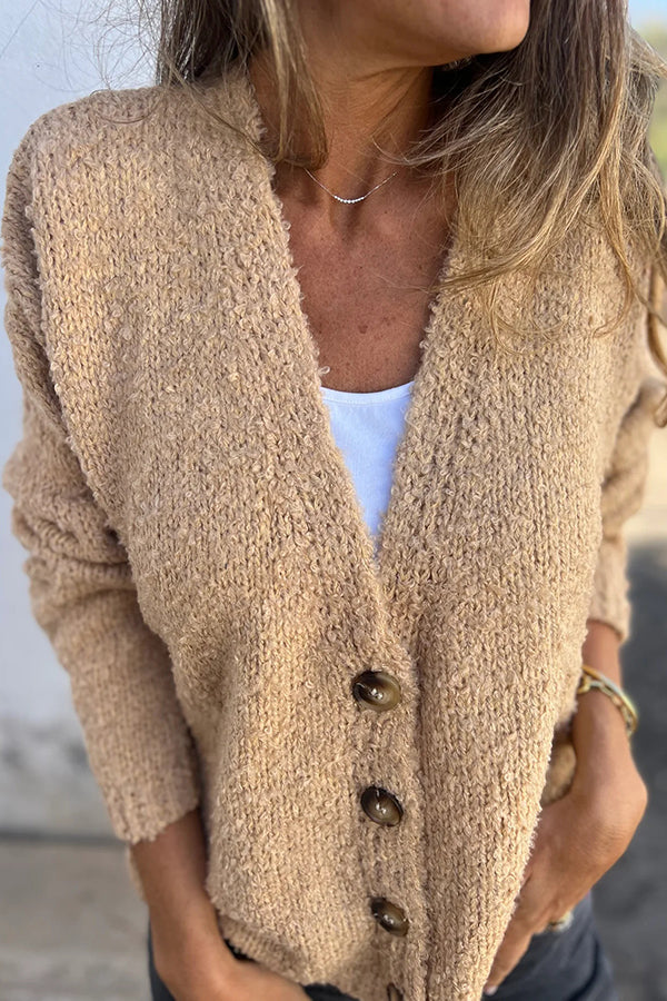 Solid Color V-neck Long-sleeved Knitted Cardigan