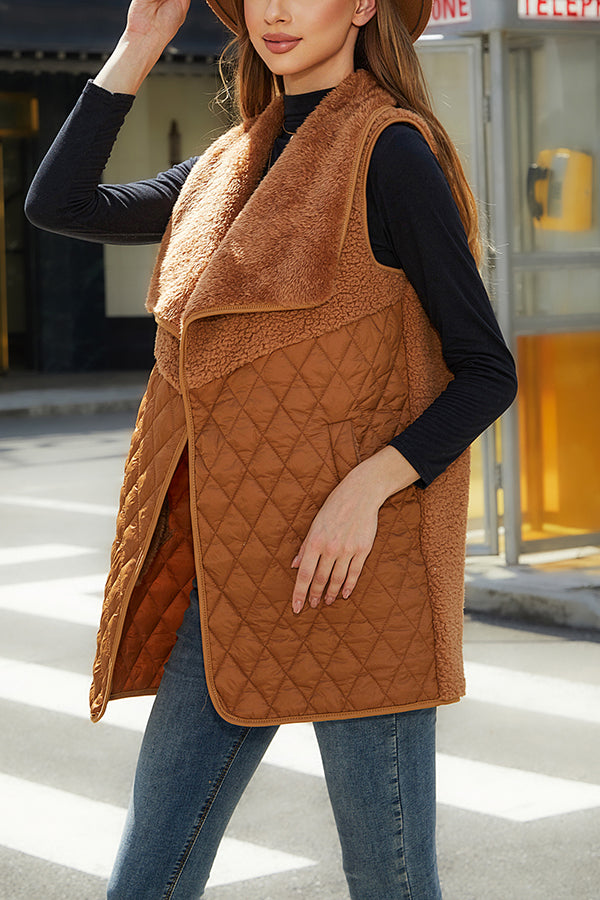 Plush Patchwork Sleeveless Pocket Vest Jacket