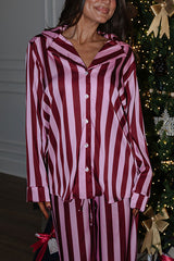 Courtney Satin Colorblock Striped Loose Shirt and Elastic Waist Pocketed Pajama Set