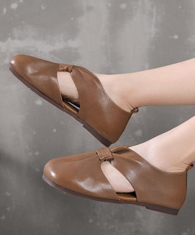 Chocolate Beautiful Hollow Out Flat Feet Shoes Cowhide Leather