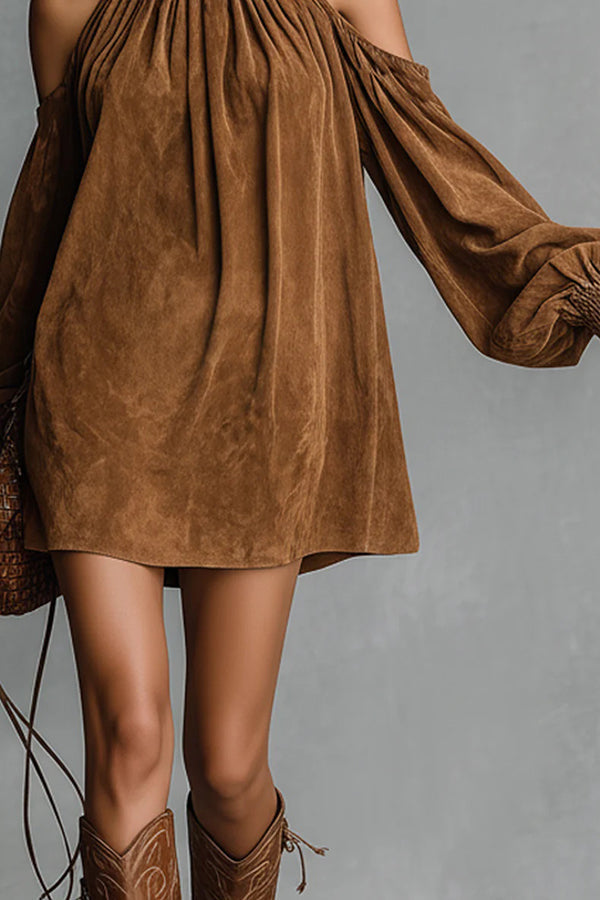 Off-shoulder Lantern-sleeved Suede Loose Mini Dress