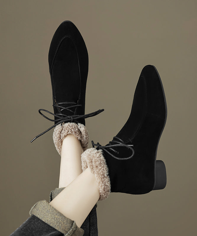 Classy Lace Up Splicing Chunky Boots Brown Suede Fuzzy Wool Lined