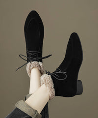 Classy Lace Up Splicing Chunky Boots Brown Suede Fuzzy Wool Lined