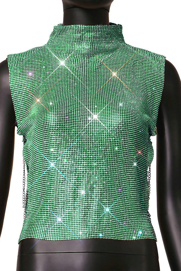 High-neck Rhinestone Metallic Top