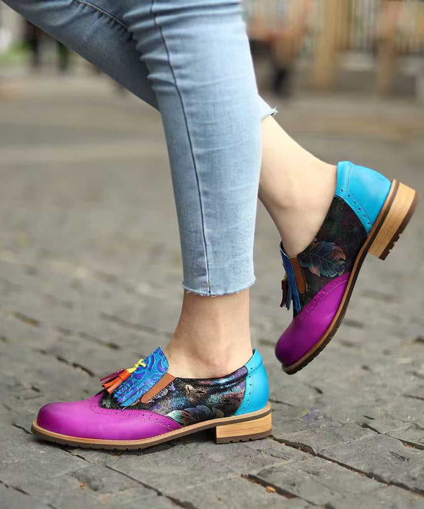 Colorblock Splicing Chunky Flat Shoes Cowhide Leather