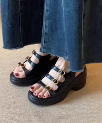Splicing Platform Sandals Black Faux Leather Peep Toe
