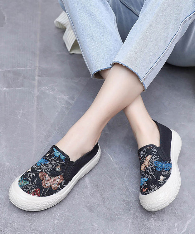 Casual Embroidered Flats Black Cotton Fabric