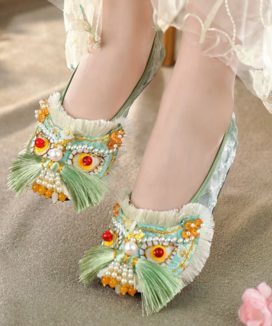 Green Cotton Fabric Flat Shoes Splicing Tassel Nail Bead