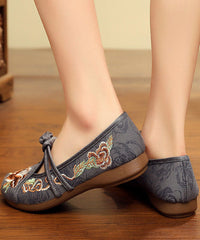 Vintage Embroideried Flat Shoes For Grey Cotton Fabric Button