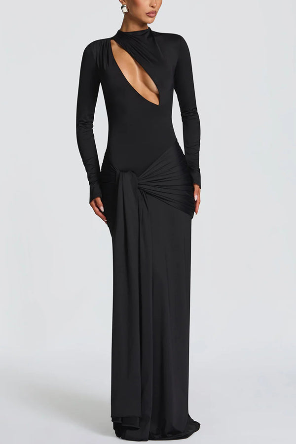 Cutout Fitted Long-sleeved Pleated Satin Ribbon Maxi Dresses