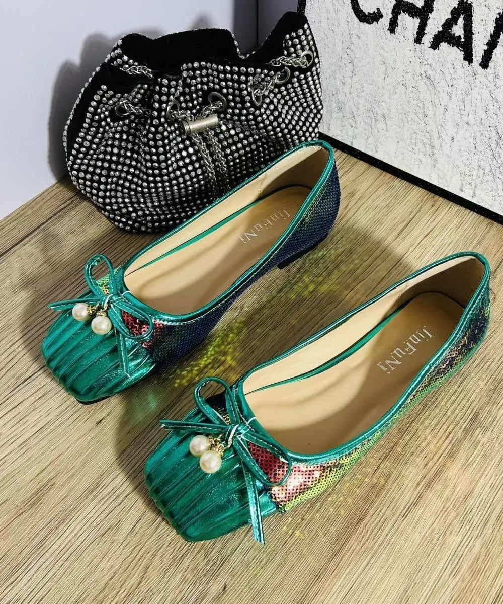 Pearl Bow Wrinkled Square Head Flats Shoes