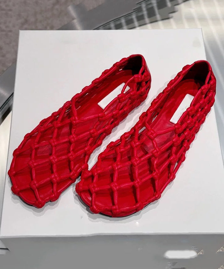 Stylish Red Cowhide Leather Splicing Hollow Out Walking Sandals