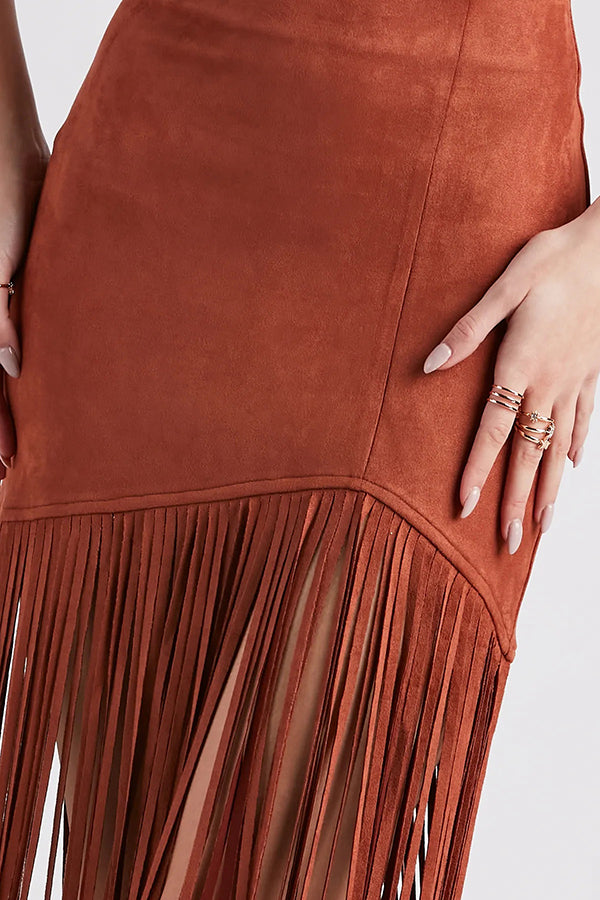 Tassel Hem Slim-fit Suede Casual Midi Skirt