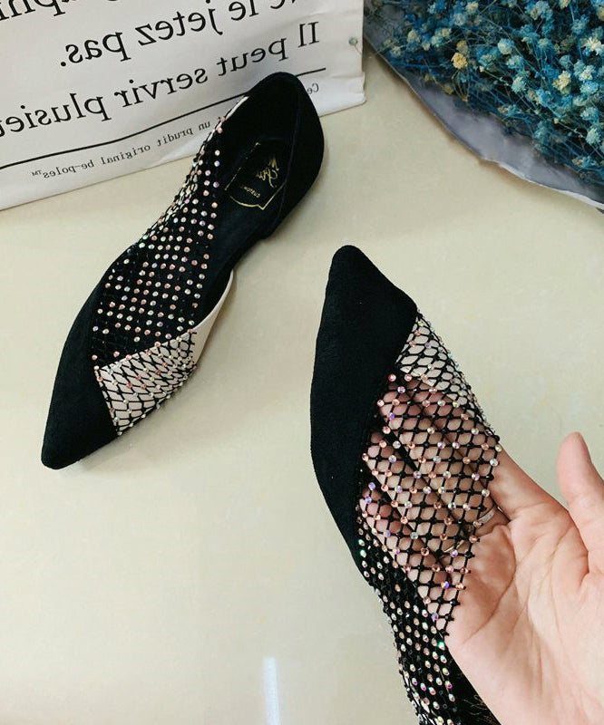 Women Black Pointed Toe Tulle Zircon Flat Shoes For